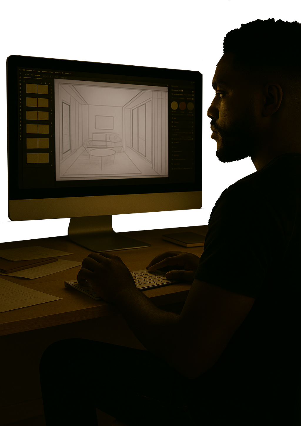 Homme travaillant sur un ordinateur avec un rendu d'une pièce intérieure d'une maison sur l'écran.