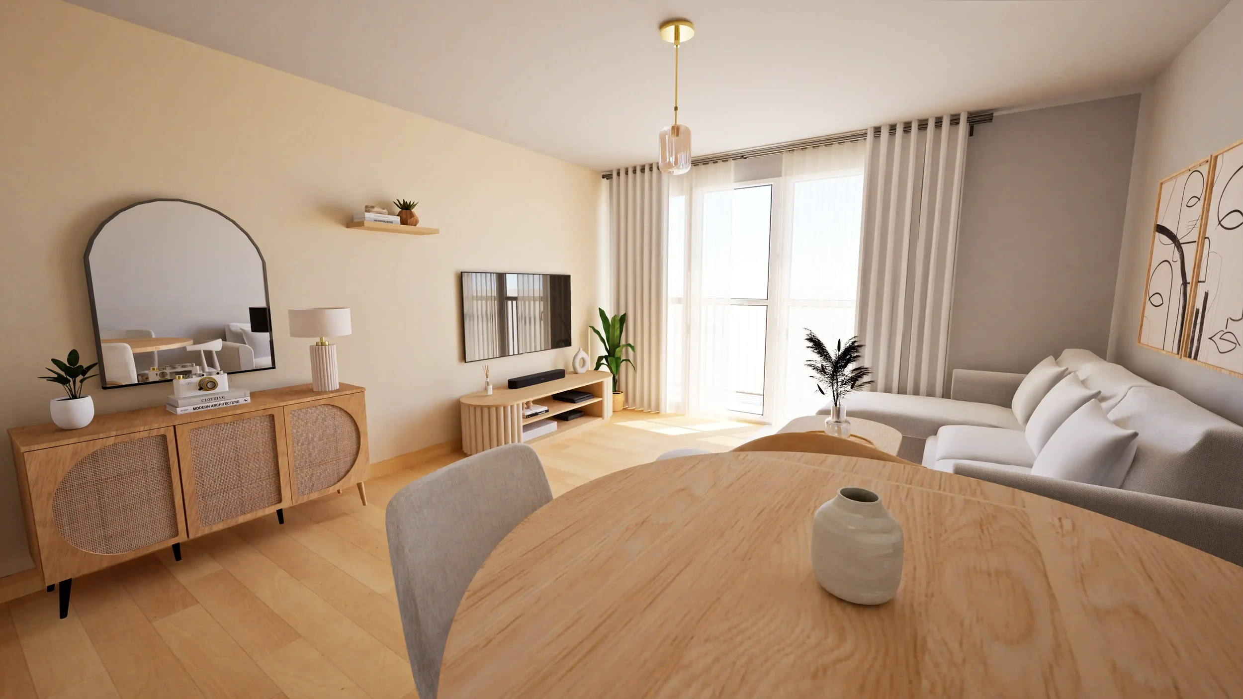 Salon lumineux avec canapé blanc, table ronde en bois, télévision murale, meuble en bois, grand miroir, plantes vertes, et décoration moderne dans un style minimaliste.