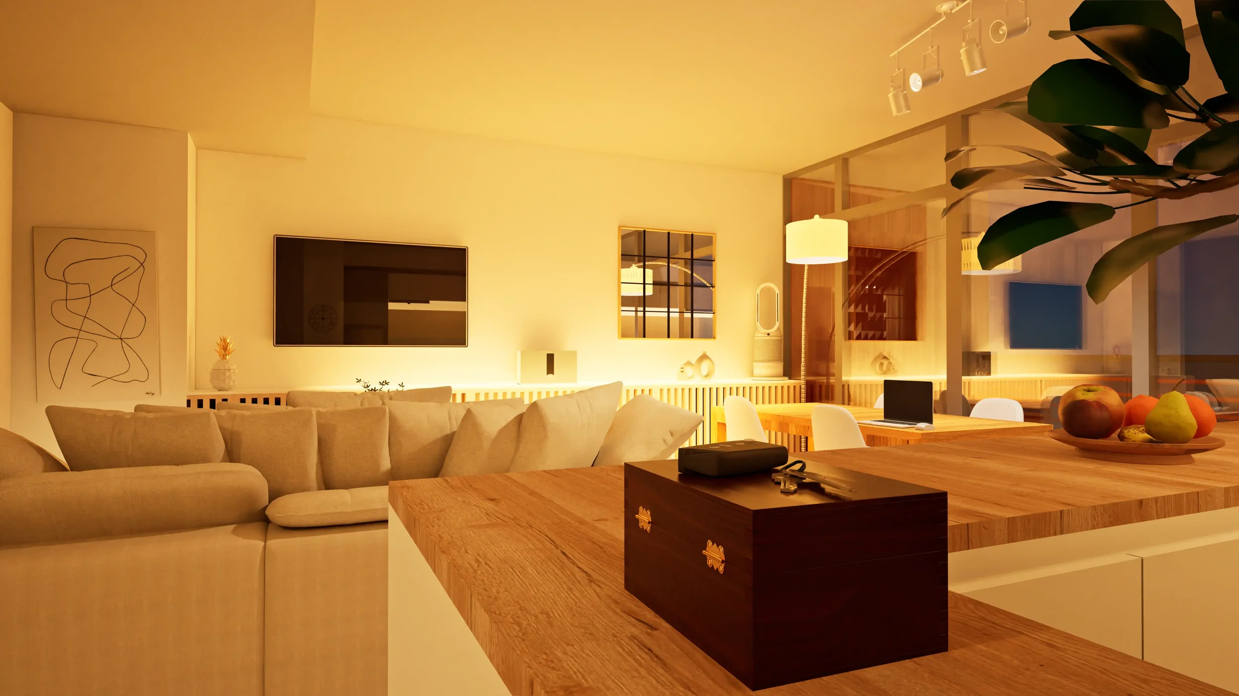 Salon de séjour avec canapé beige, mur blanc, télévision murale, décor moderne, meubles en bois, fruits dans un bol, éclairage chaleureux, plantes vertes.