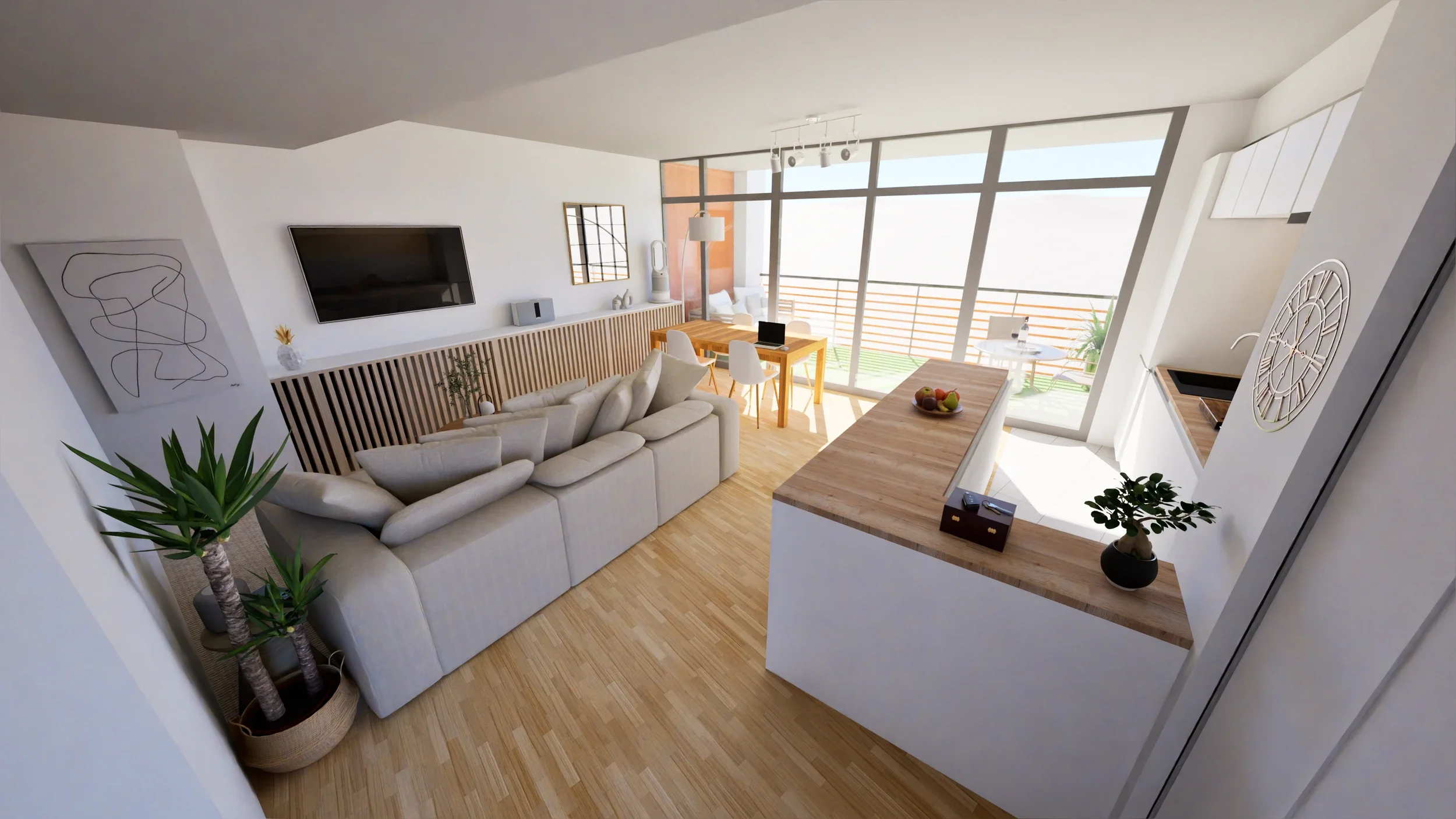 Salon moderne avec canapé beige, television à mur, table à manger en bois, cuisine avec plan de travail en bois, grand fenêtre laissant entrer la lumière naturelle, décor minimaliste avec plantes et œuvres d'art