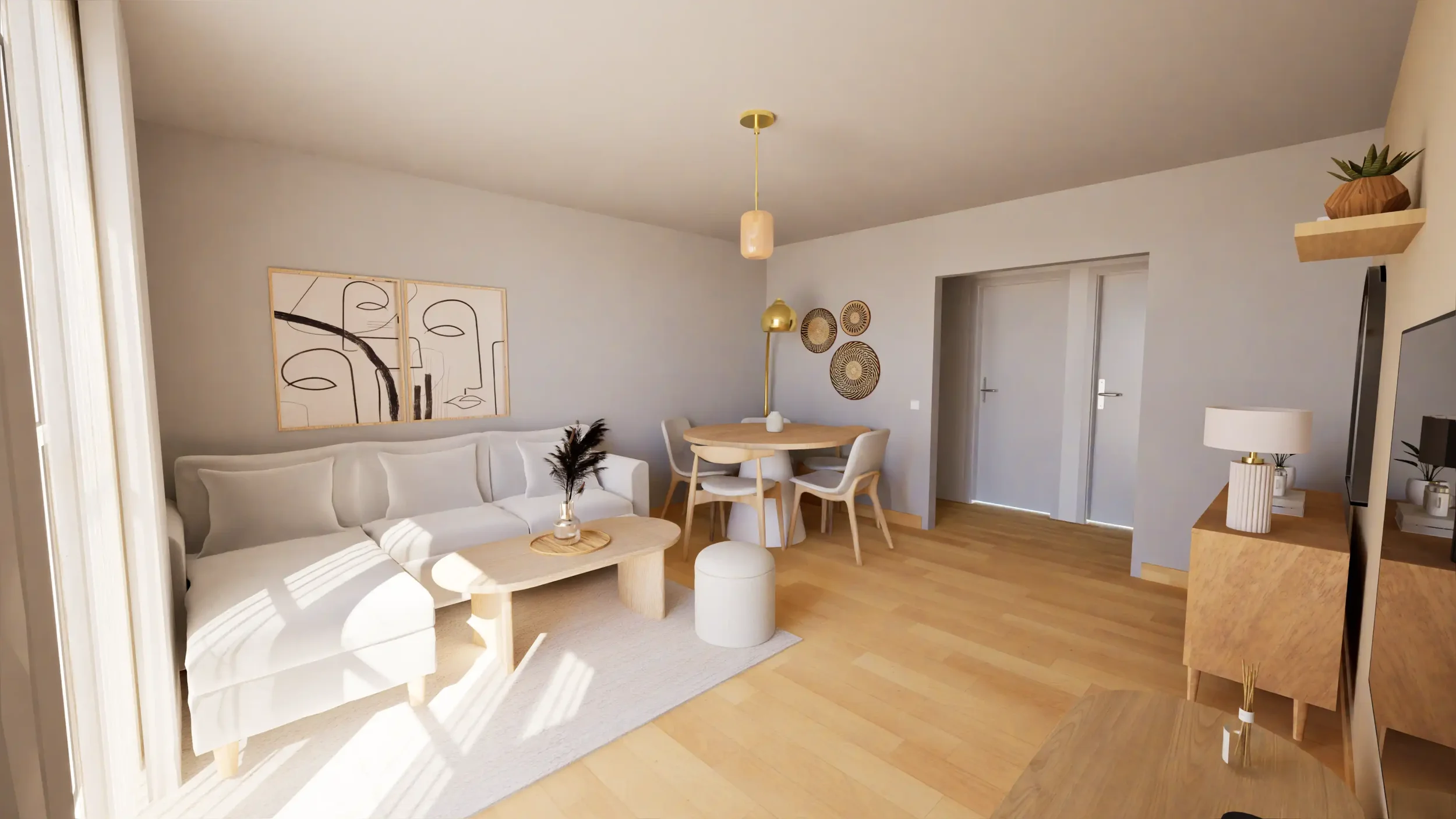 Salon moderne avec canapé beige, télévision à écran plat, table basse en bois, plantes vertes, décoration minimaliste et éclairage doux.