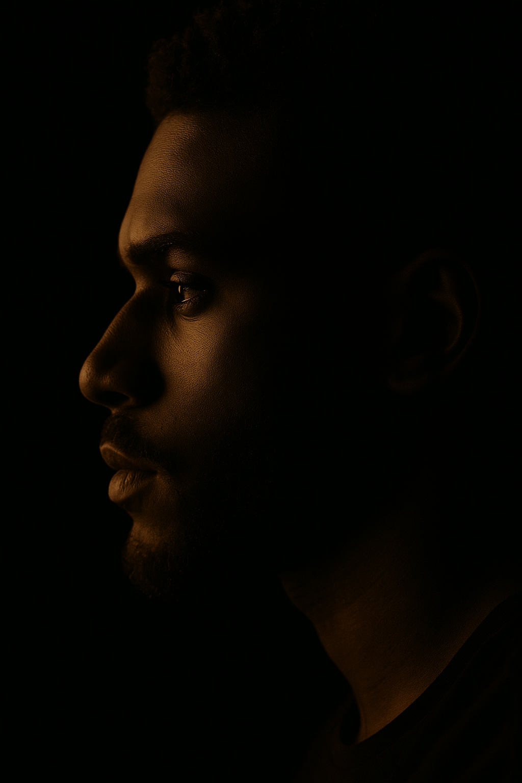 Portrait en profil d'une personne noire, éclairée doucement, avec un fond noir