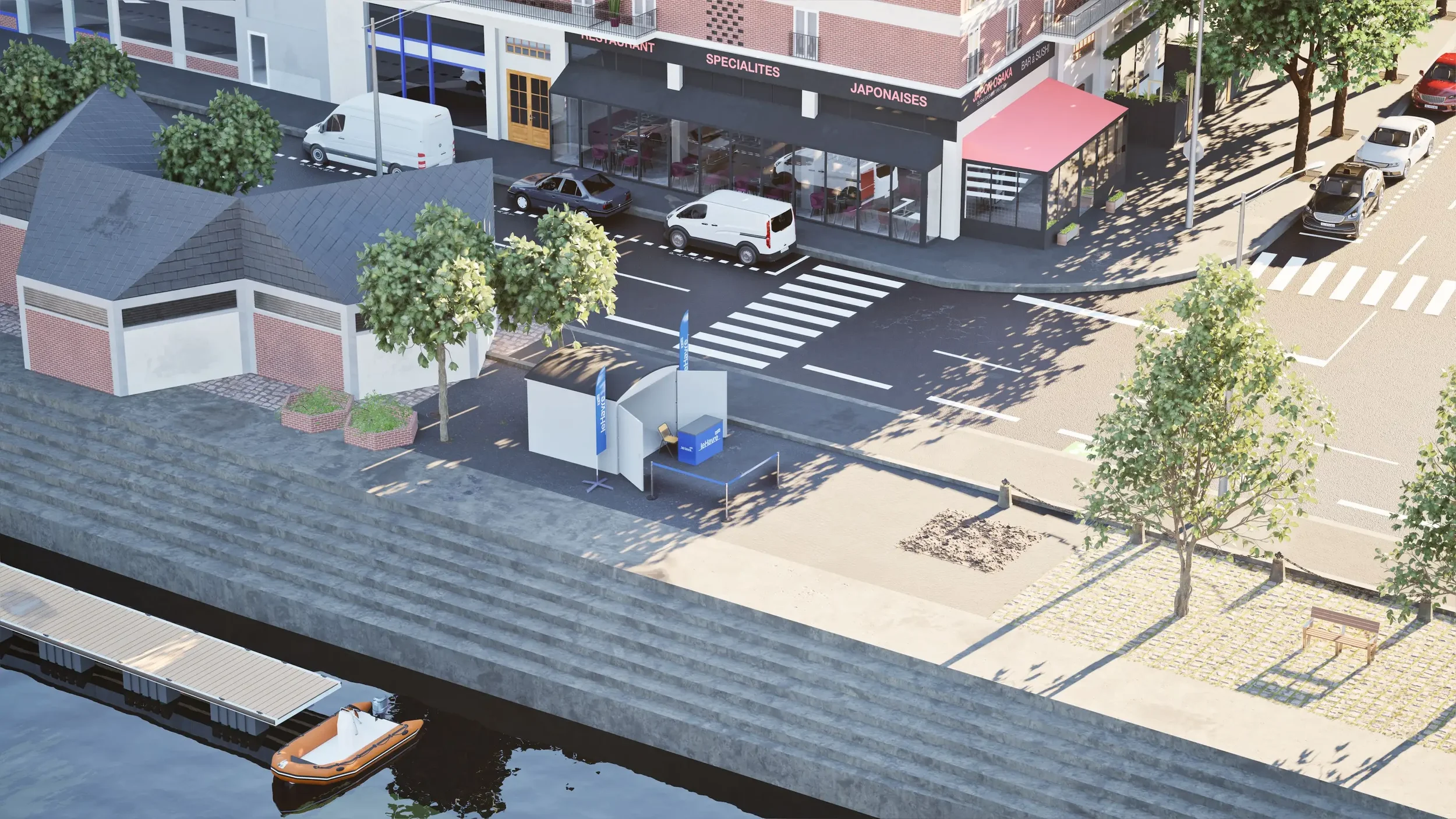 Vue aérienne d'un bâtiment commercial avec un parking, des voitures et un espace piétonnier, ainsi qu'une voie d'eau avec un bateau.