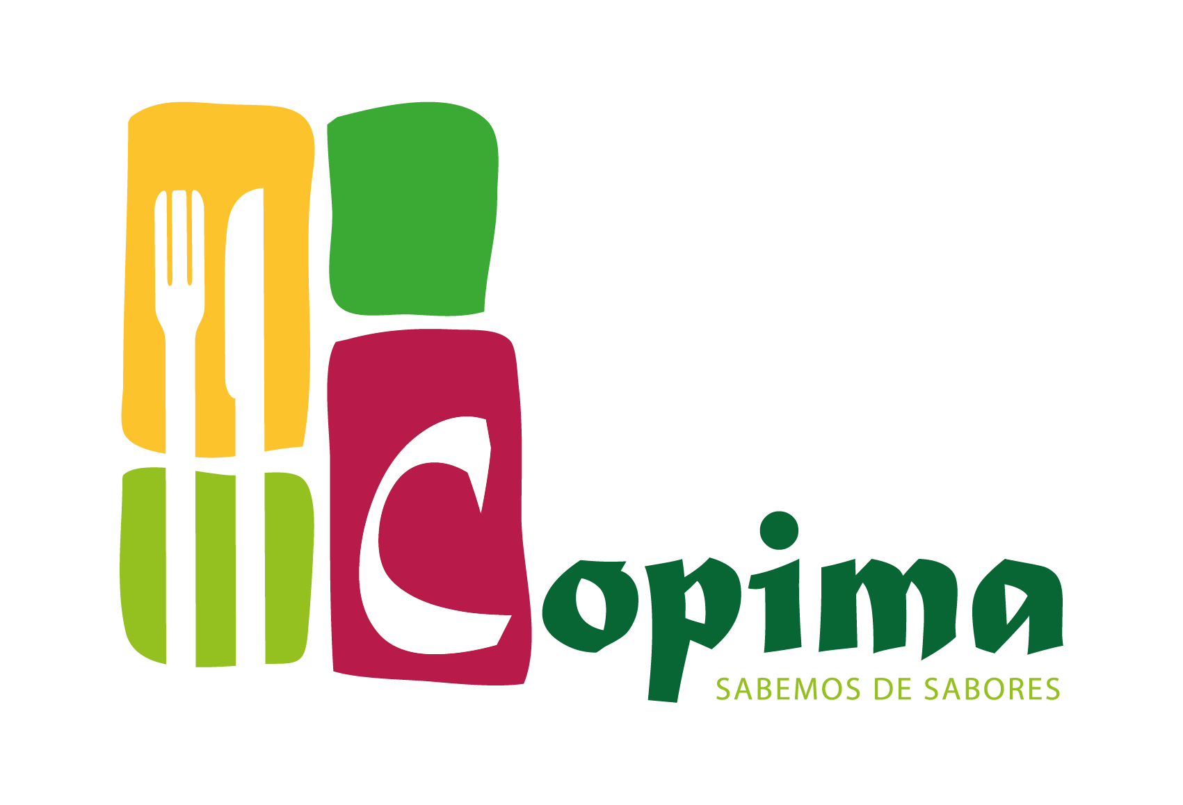 Logo de una marca llamada Ópima con una ilustración de cubiertos y bloques de colores y la frase "Sabemos de sabores" en letras verdes.