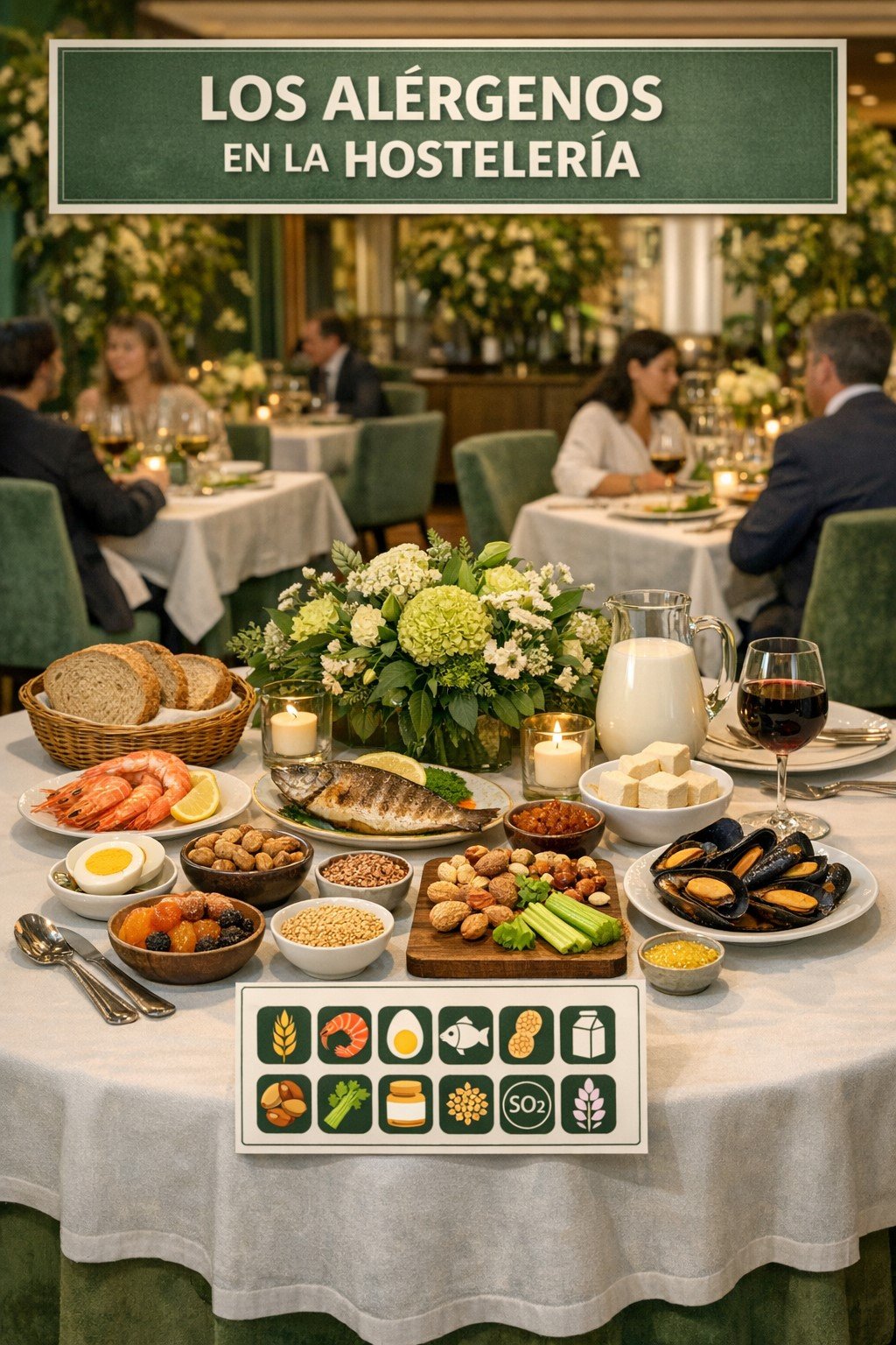 Mesa con alimentos y mariscos en un restaurante elegante, con comedores y música en el fondo, y un cartel que dice 'Los Alérgenos en la Hostelería'.