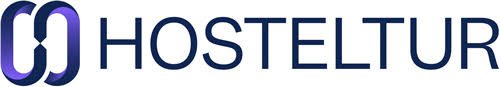 Logo de HOSTELTUR con icono de doble O entrelazadas y texto en mayúsculas.