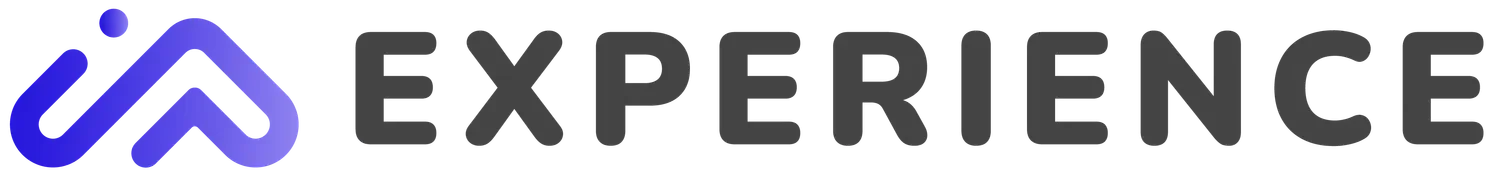 El logotipo que dice 'EXPERIENCE' con un símbolo abstracto azul a la izquierda.