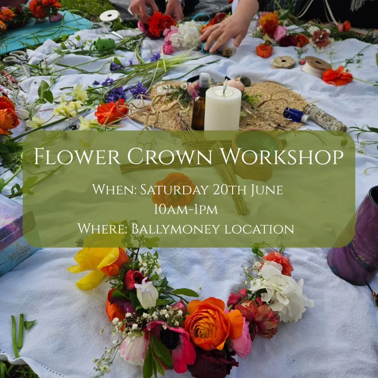 After how beautiful our last gathering was and by popular request I&rsquo;m so excited to hold this flower crown workshop again for the Summer Solstice ☀️✨

🗓 Saturday 20th June 

🕙 10am - 1pm 

📍Ballymoney, Gorey

Join me for a morning of connect