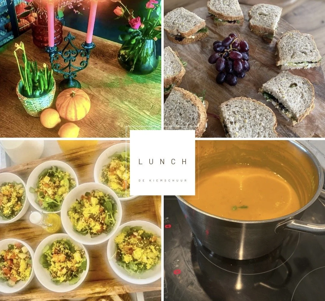 Collage of four images: top left shows a wooden table with pink candles, flowers, a pumpkin, and lemons; top right displays sandwiches with grapes; bottom left features bowls of salad with greens and yellow toppings; bottom right shows a pot of orang