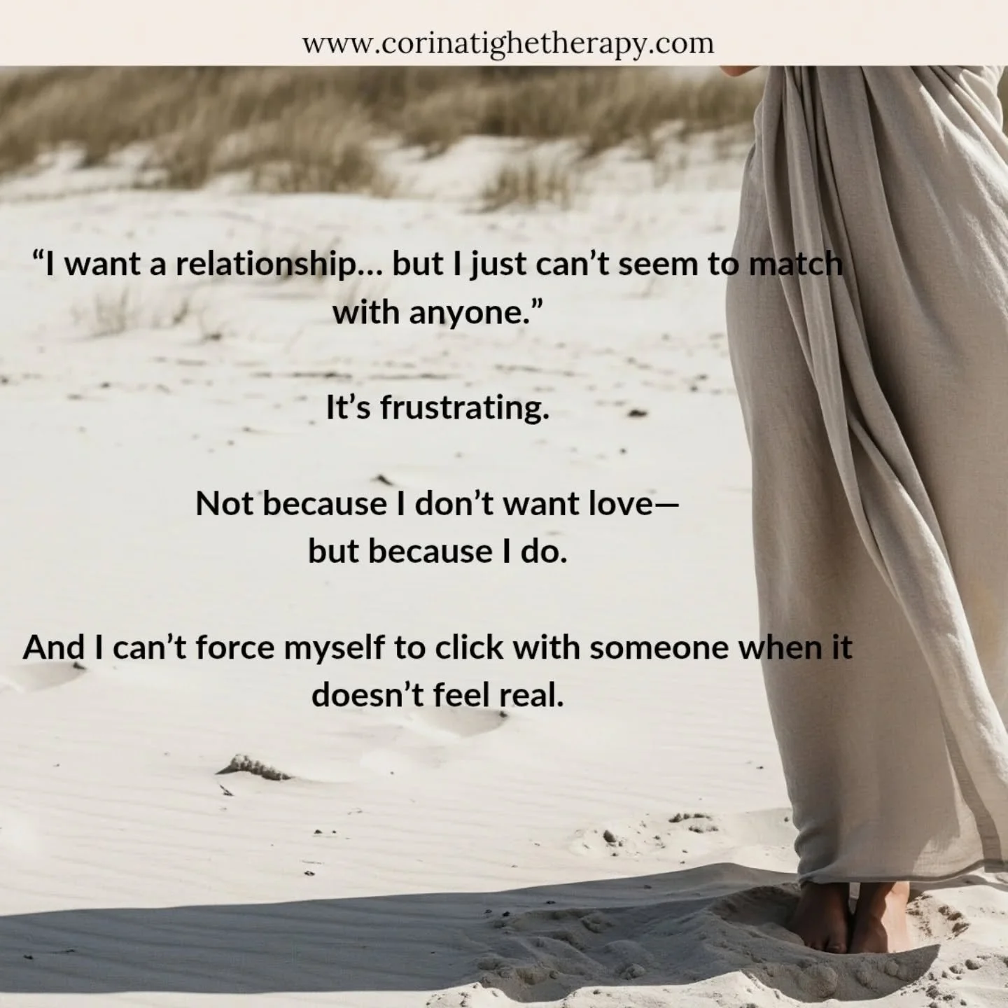 As a therapist, I see this ache often:
&ldquo;I want a relationship&hellip; but I just can&rsquo;t seem to match to anyone "
It&rsquo;s about craving something real in a world that often rewards performance over presence.

Sometimes we grow into