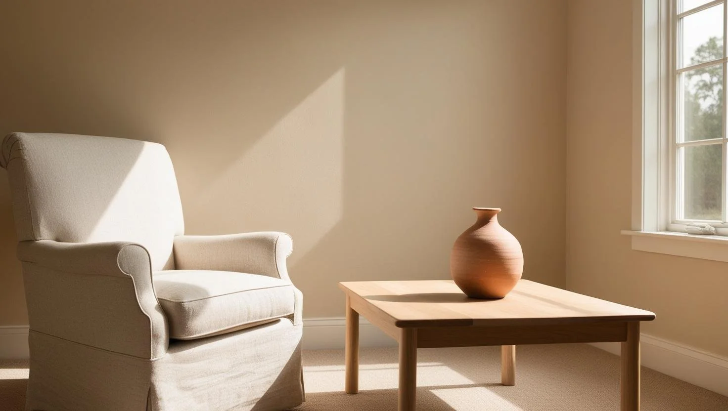 Cozy room with armchair and wooden table featuring a clay vase, sunlight streaming through the window.