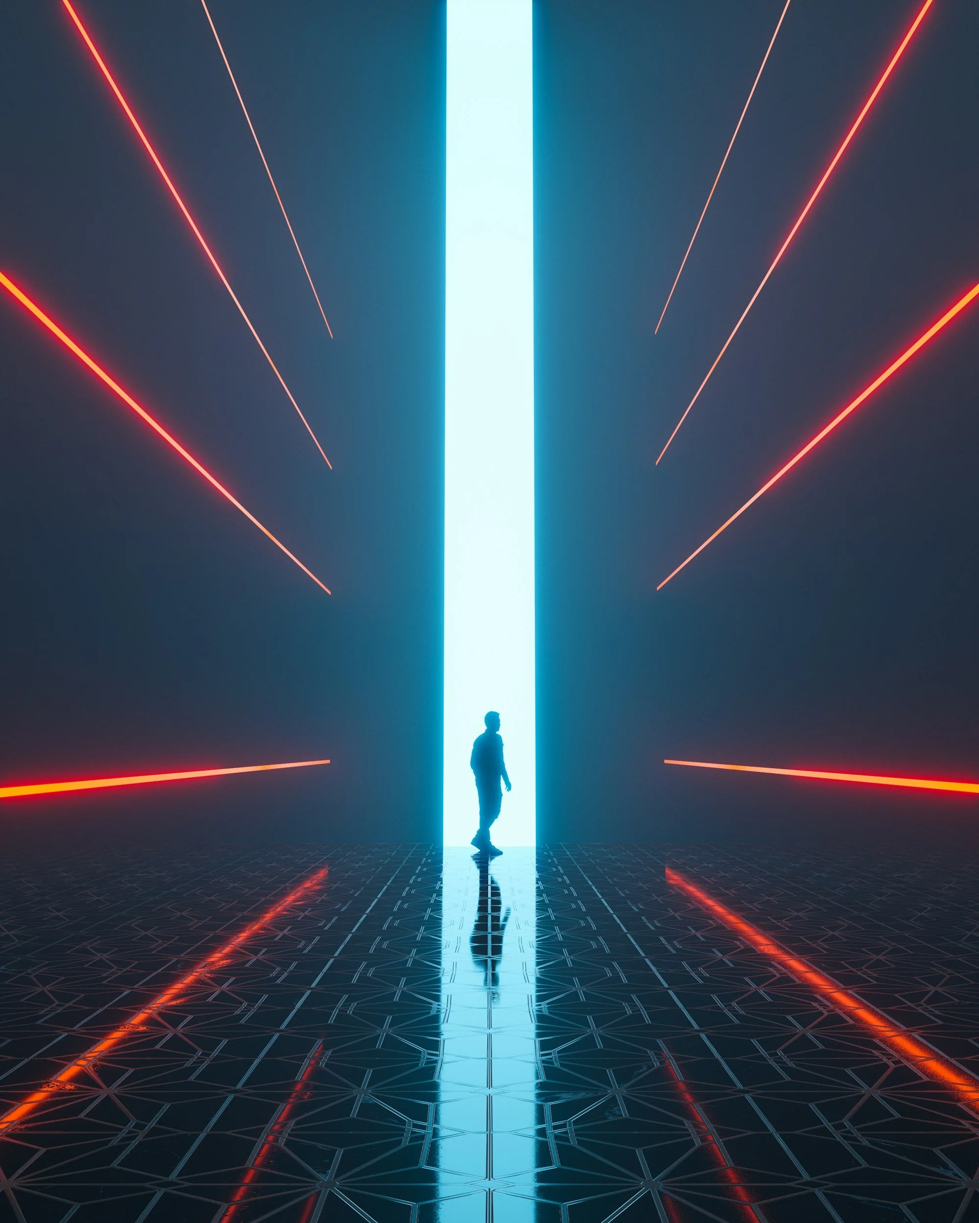 A person standing in front of a large, glowing vertical blue light in a dark, futuristic room with red neon light strips on the walls and reflective floor.