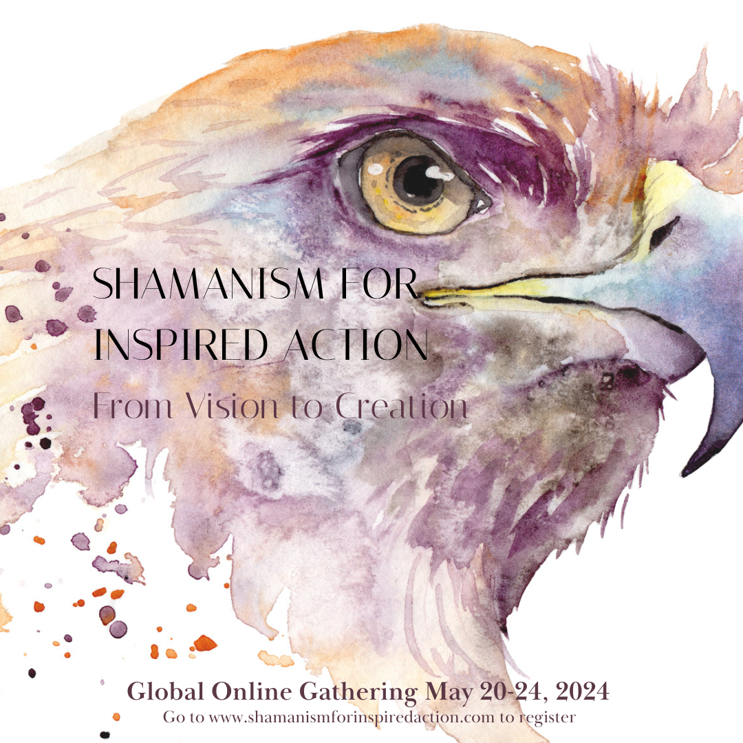 Affiche artistique avec dessin aquarelle d'un aigle, présentant un œil détaillé et un bec pointu, promotion pour le rassemblement en ligne 'Shamanism for Inspired Action' du 20 au 24 mai 2024.