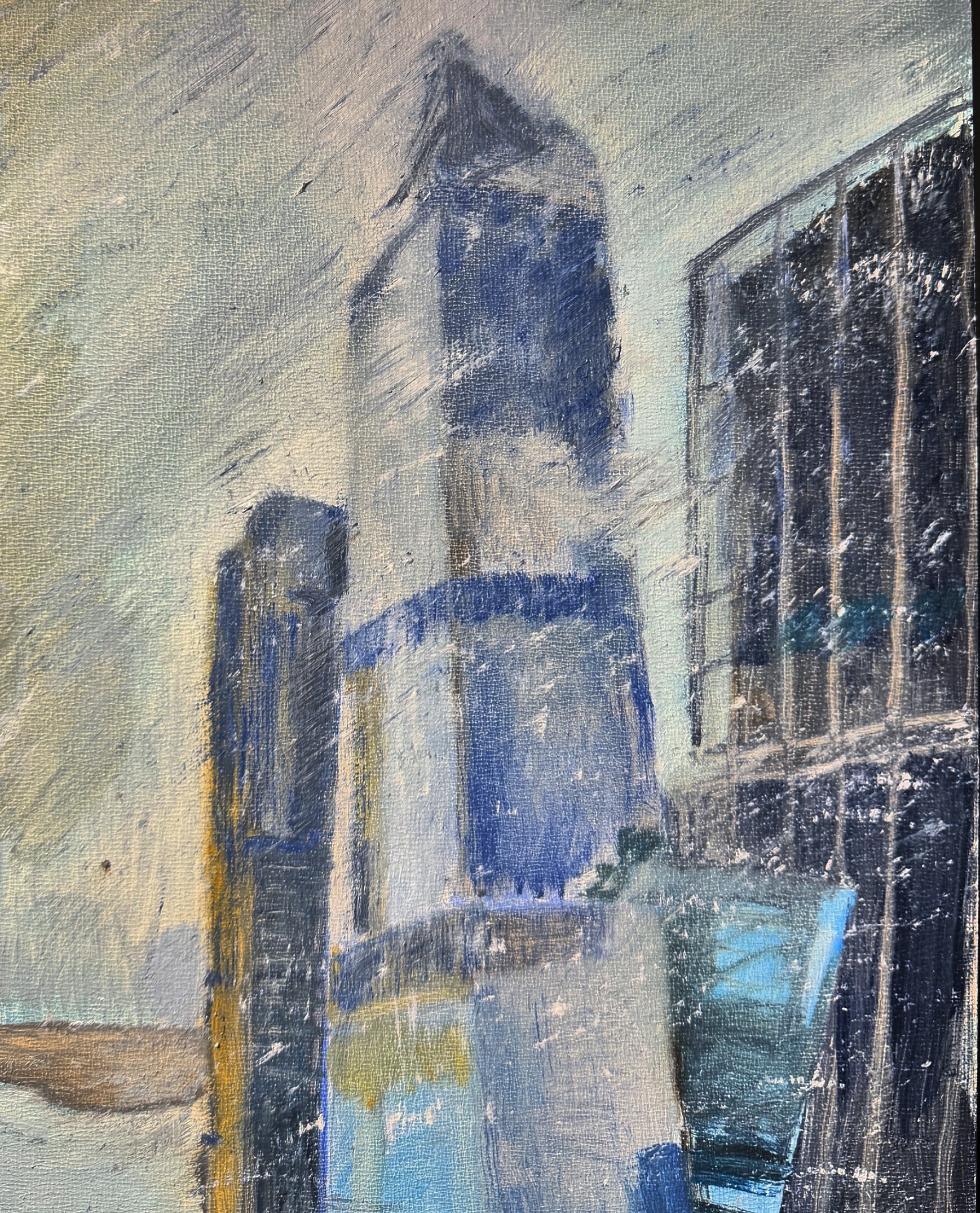 Rainy Hudson Yards (oil on wood panel, 22.86 x 30.48 cm, 2024)