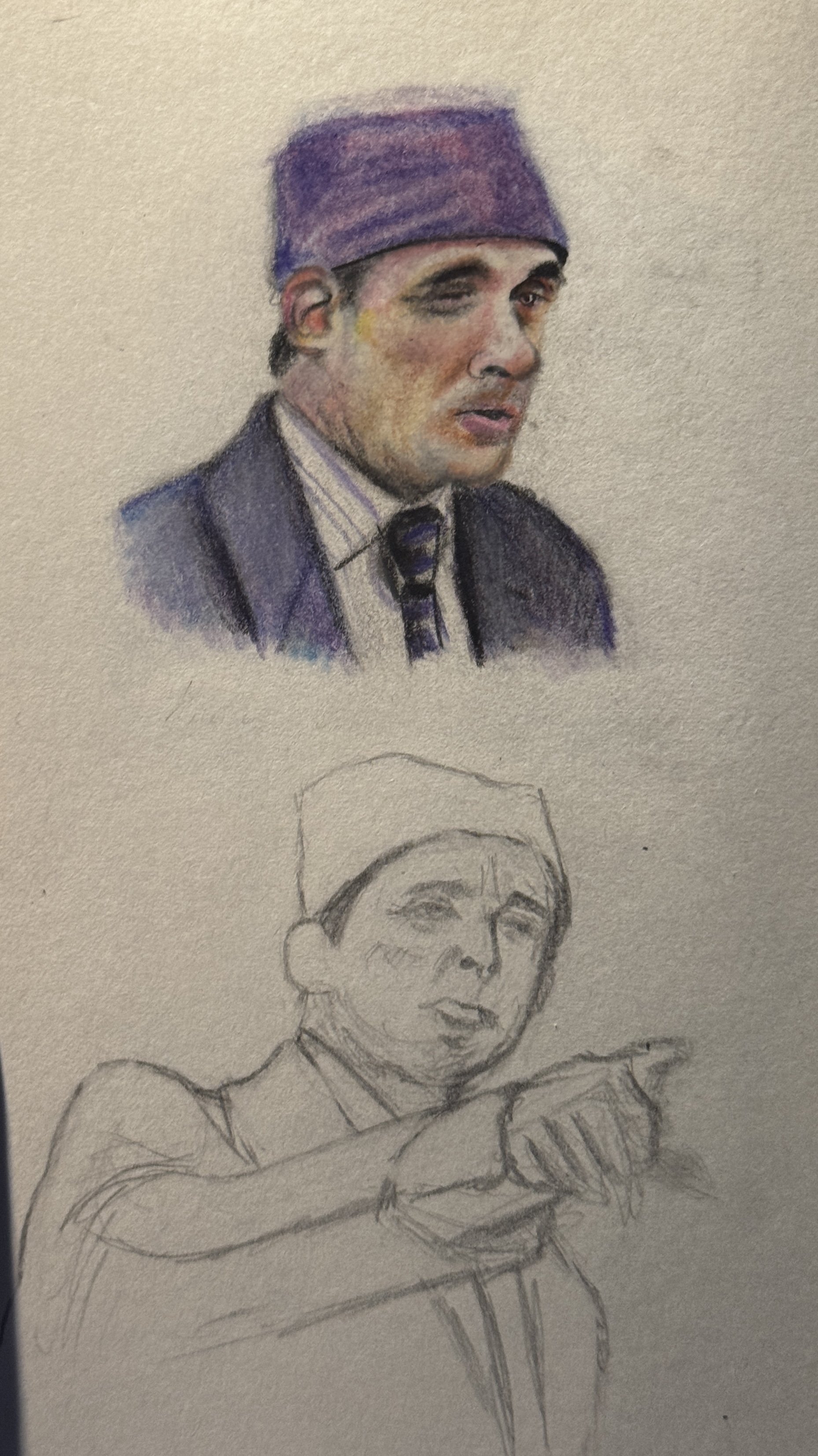 Colored pencils and black pen on paper