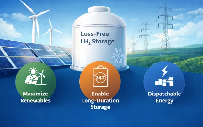 Turning intermittent renewables into dispatchable energy with loss-free liquid hydrogen storage