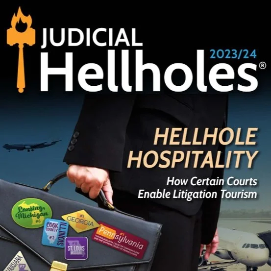 Cover page man with briefcase walking with planes in the background. Judicial Hellholes 2023-2024 report cover.