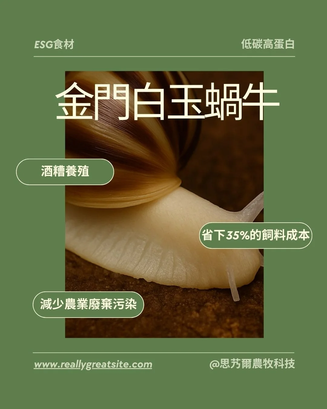 󠀠
✨ 三件蝸牛做到的事：

🪙 省下35%的飼料成本
&rarr; 從副產物養出可控、穩定的低碳蛋白

🌏 減少農業廢棄污染
&rarr; 把釀完酒的酒糟，變成蝸牛的營養來源

🍽️ 開發未來特色餐桌
&rarr; 滋味乾淨，適合火鍋、涼拌、香腸，甚至成為餐廳的新主角

&mdash;

這不只是蝸牛的故事，
也是下一代餐桌的全新選項。

📩 歡迎合作洽詢 / 試用體驗申請
📦 冷凍白玉蝸牛原肉・蝸牛香腸供應中
󠀠

#思艿爾農牧科技 #金門白玉蝸牛
#永續養殖 #副產物再生 #