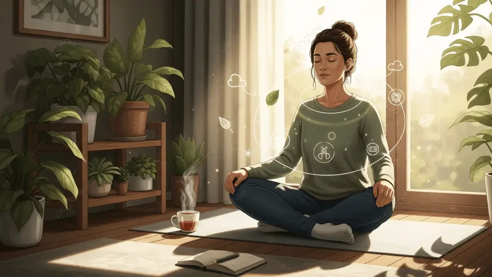 Persona meditando en un entorno tranquilo con luz natural, representando la regulación del sistema nervioso y el equilibrio según el Ayurveda