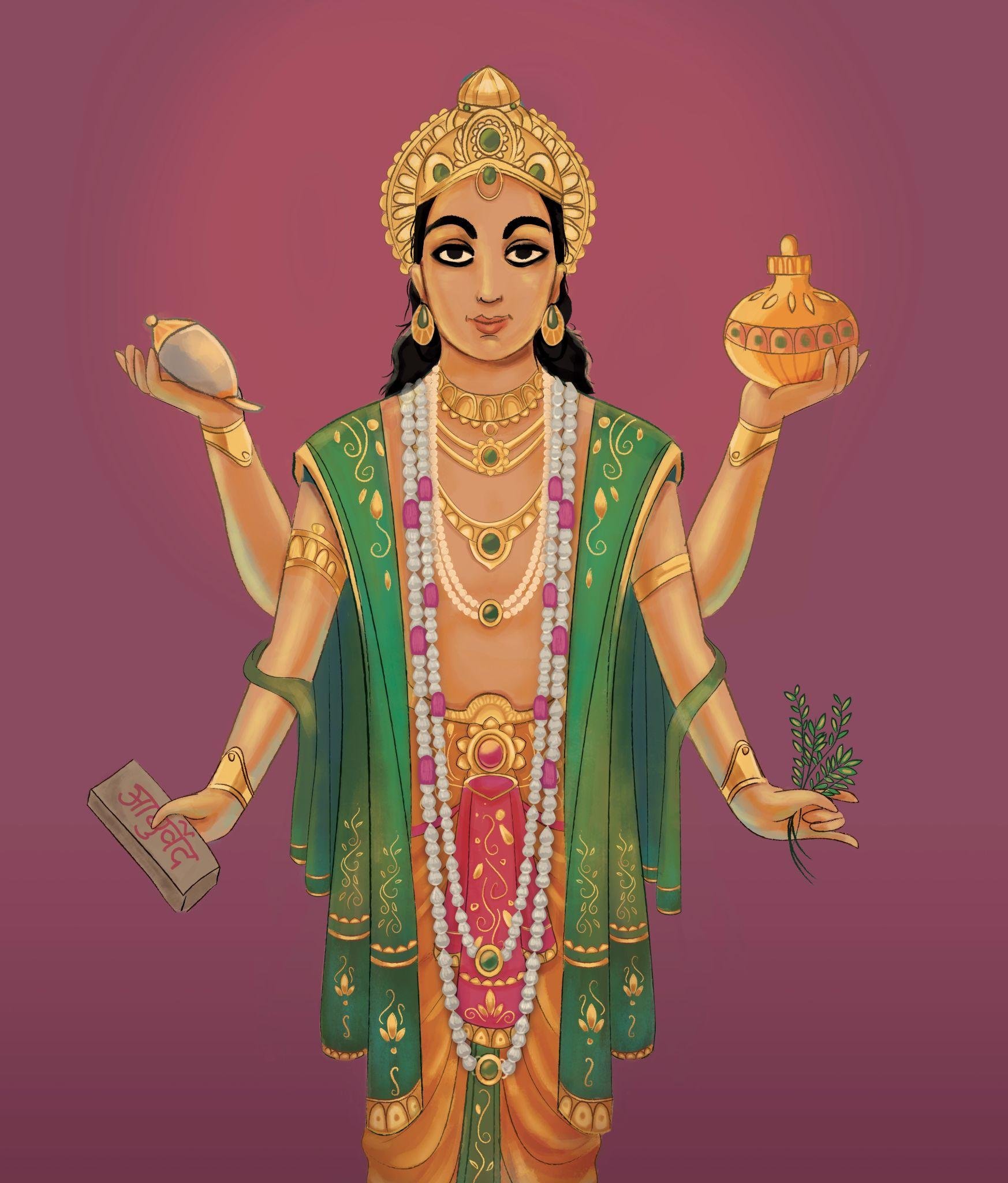 Ilustración de Dhanvantari, deidad del Ayurveda asociada con la medicina tradicional india