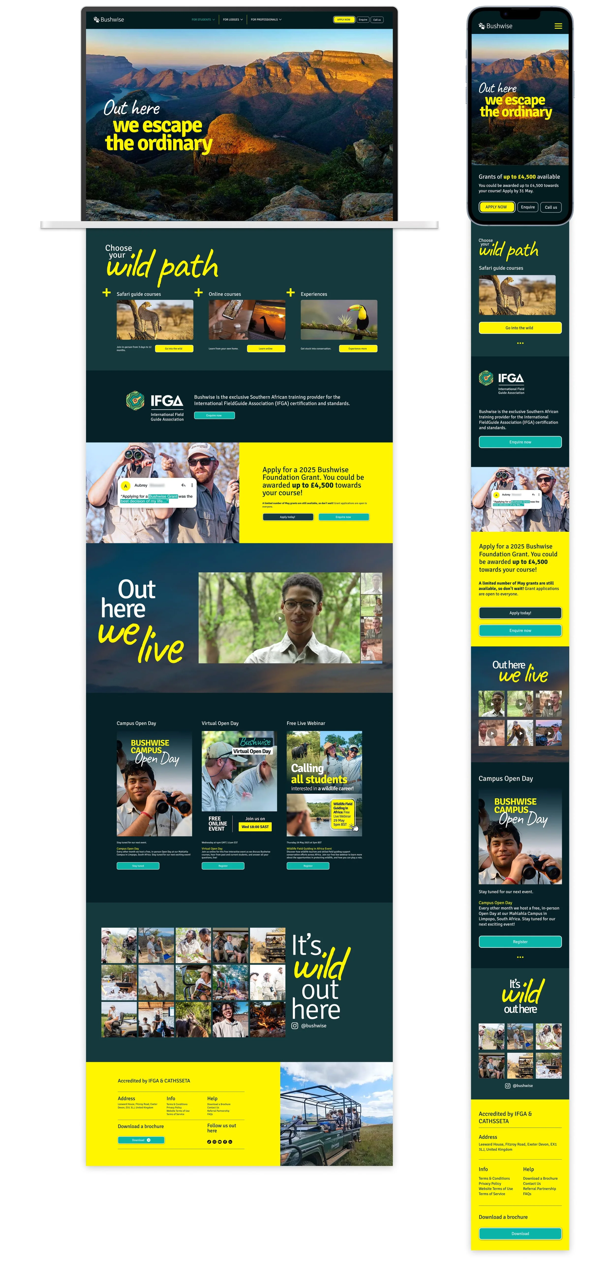 As part of the Bushwise rebrand, I helped bring the new visual identity to life across the website and supported the build of the new site in Wix using no-code design tools. My work included creating and refining page layouts, adapting designs for re