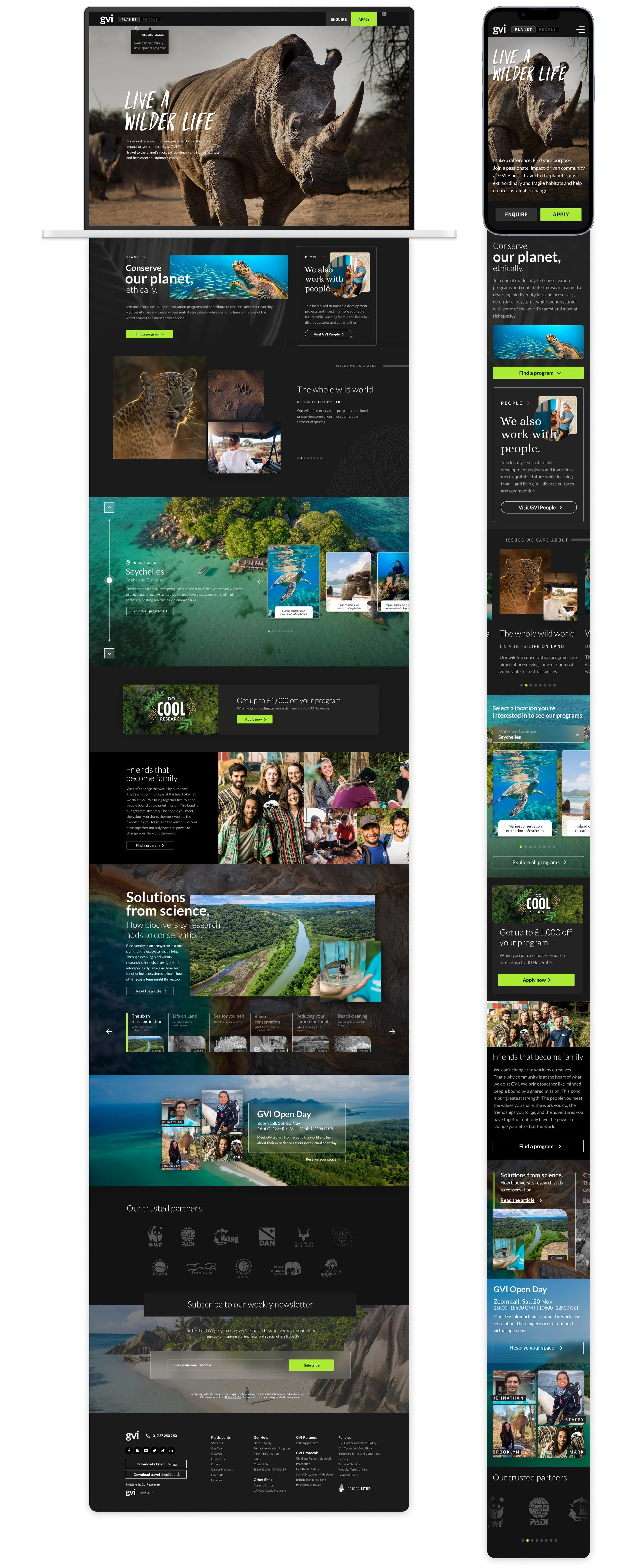 As part of GVI's transition into two distinct brands, I helped translate the new GVI Planet brand into the website experience. My contribution included redesigning page layouts, content hierarchy, and user flows across multiple page types, helping cr