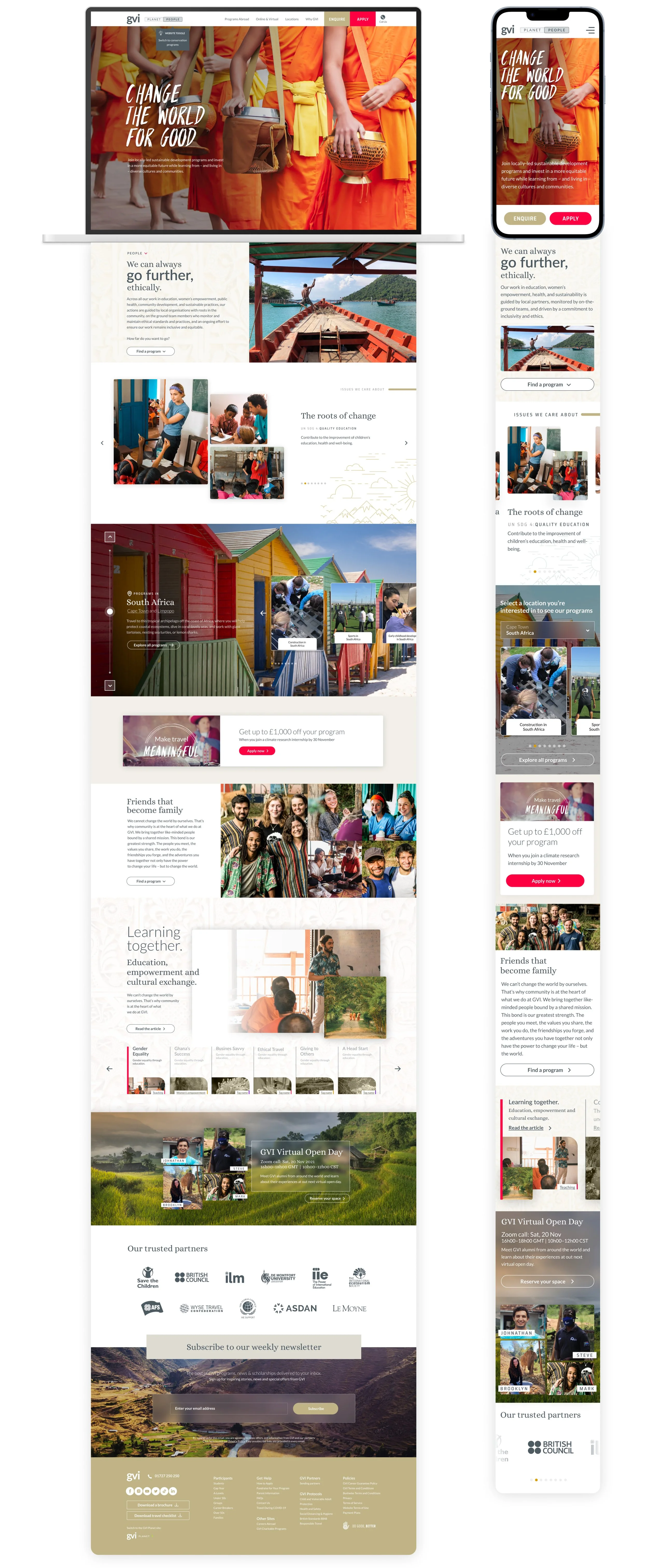 As part of GVI's transition into two distinct brands, I helped translate the new GVI People brand into the website experience. My contribution included redesigning page layouts, content hierarchy, and user flows across multiple page types, helping cr