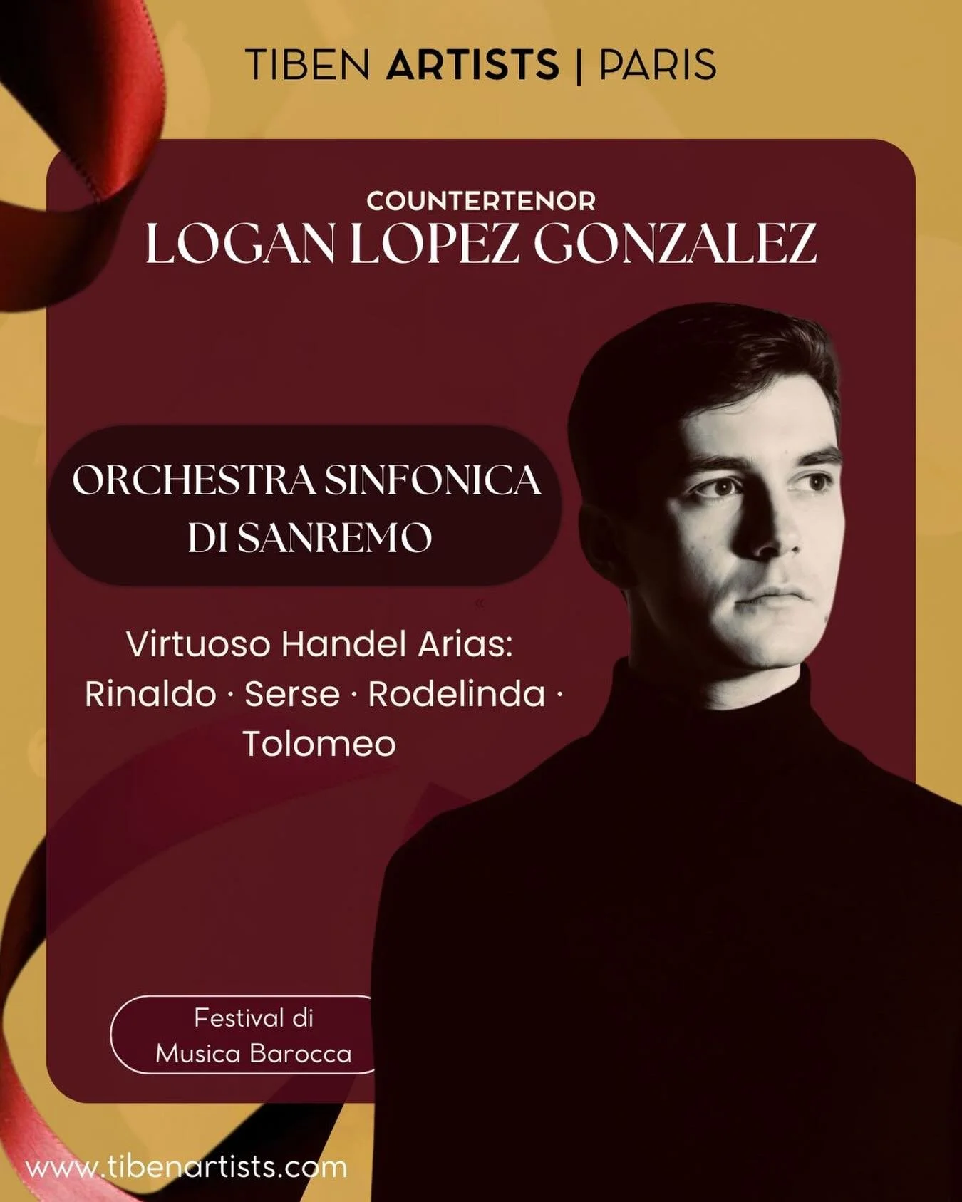 Countertenor Logan Lopez Gonzalez takes centre stage today at 5:00 PM with the Orchestra Sinfonica di Sanremo.

As part of the Festival di Musica Barocca (5th edition), Concert No. 6 &mdash; &ldquo;Baroque (Almost) Without Vivaldi&rdquo; &mdash; invi