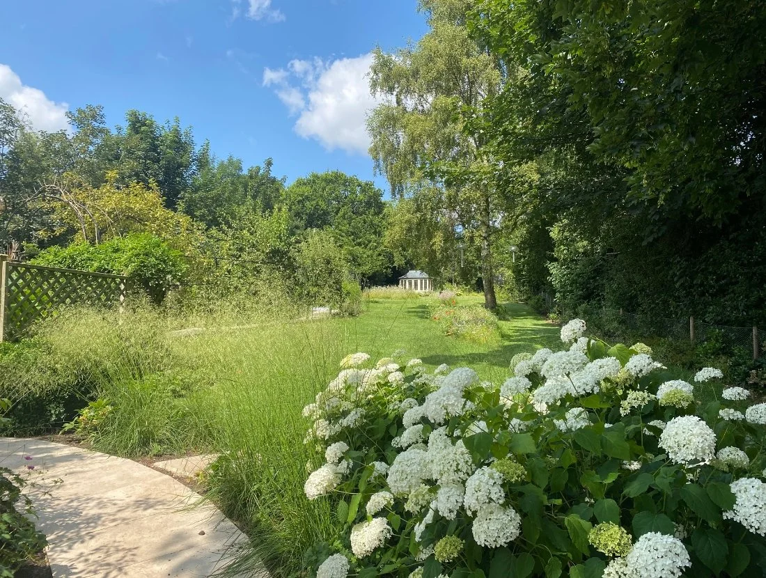 A lush garden with a curved stone pathway, white hydrangea flowers, various green trees, and a small white gazebo under a bright blue sky with some clouds.