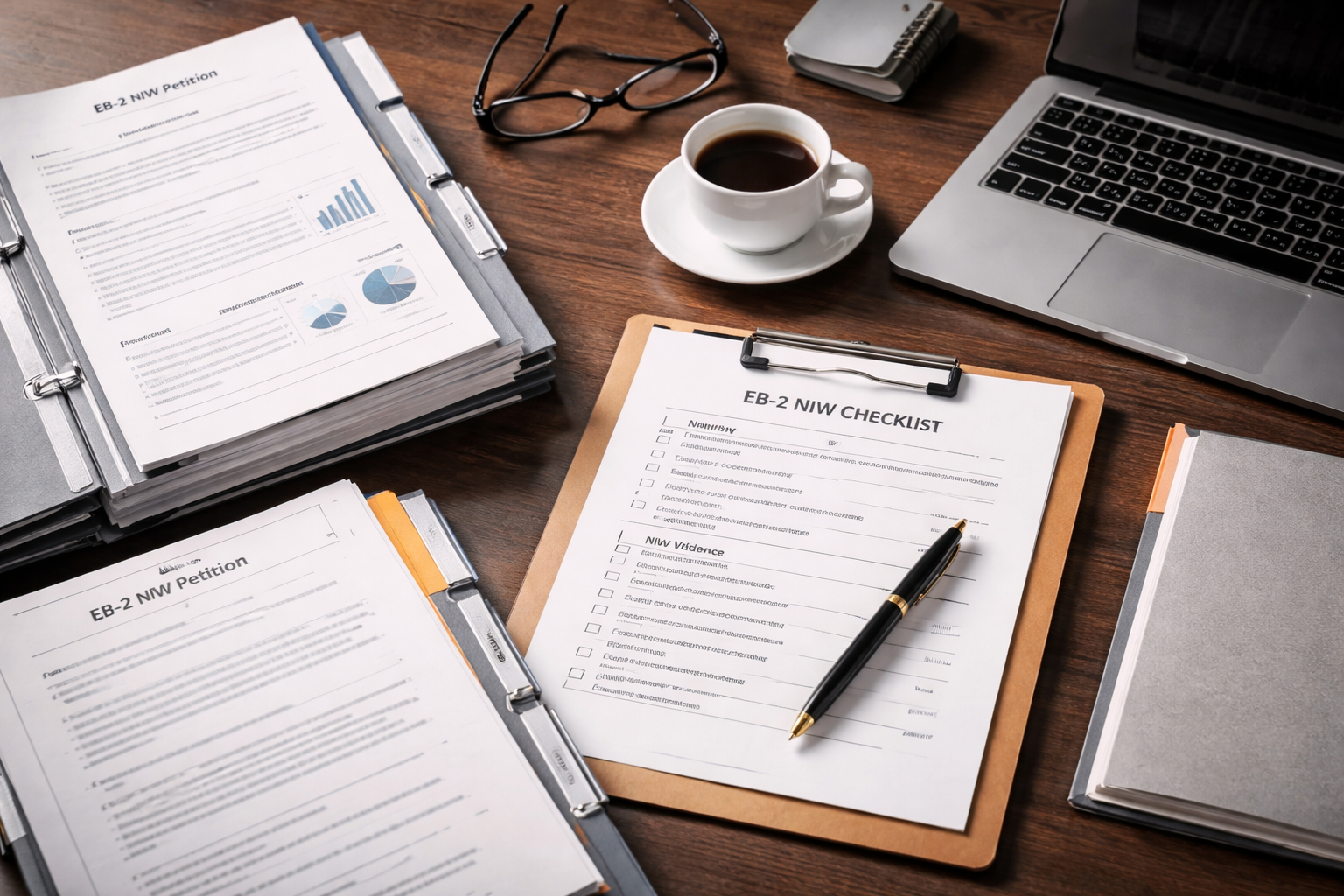 A structured EB-2 NIW self-petition workspace showing checklist-based document preparation and supporting evidence organization.