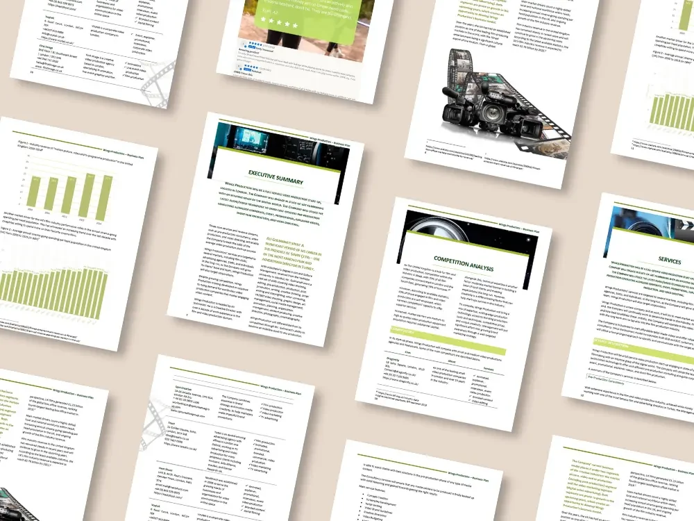 Multiple business plan pages with charts and images related to business analysis and media production, including graphs, a camera equipment photo, and sections titled 'Executive Summary' and 'Competition Analysis'.
