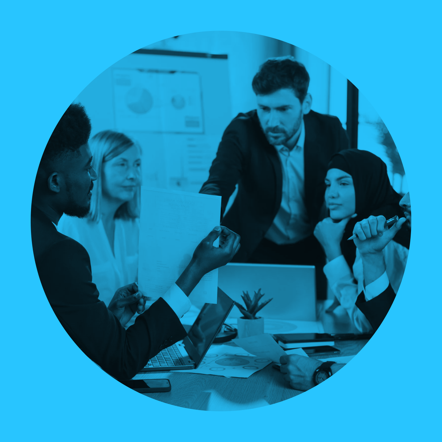 A diverse group of colleagues in a business meeting, shown in a blue-tinted circular frame.
