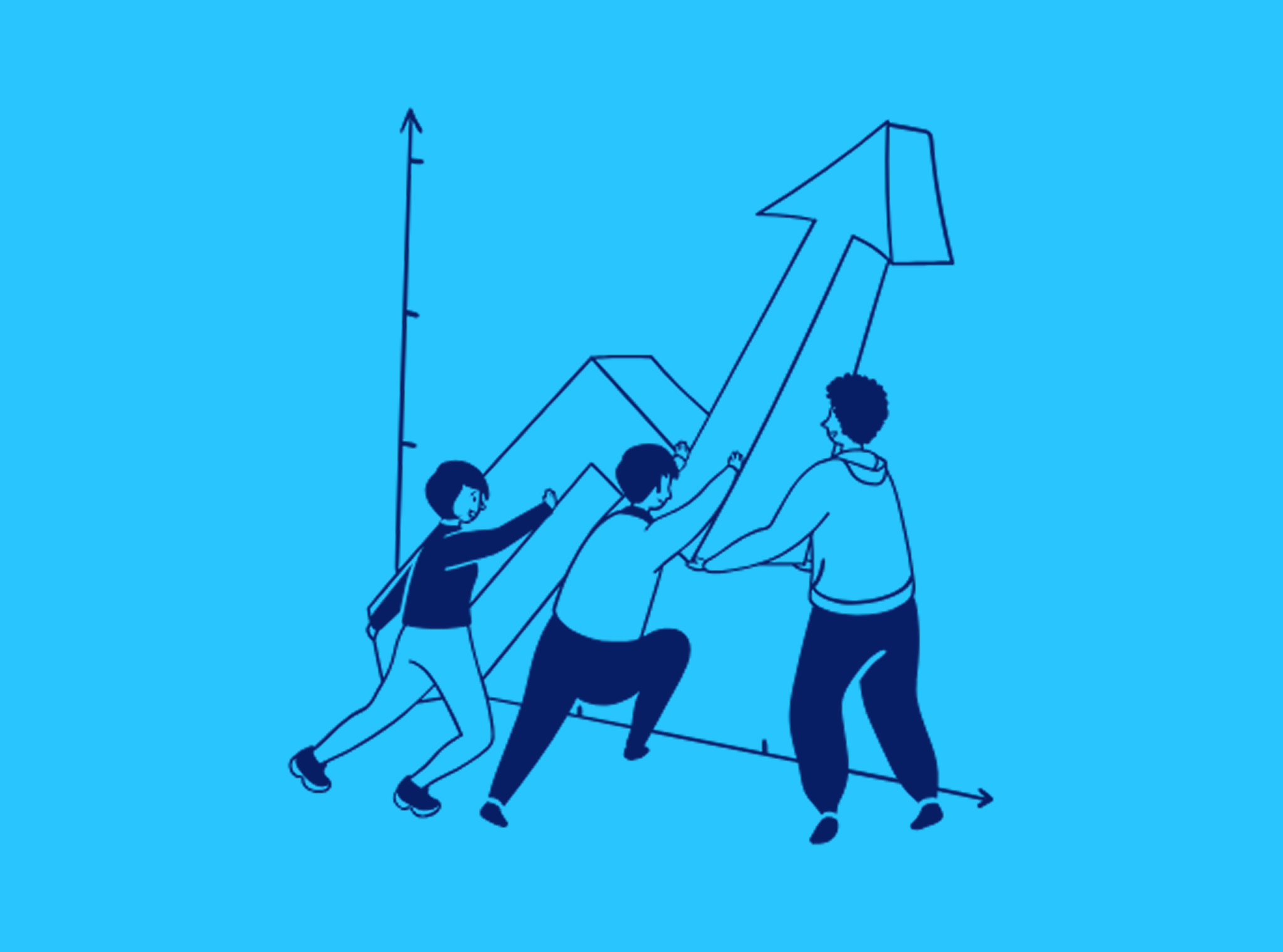 Illustration on a blue background of people working together to push a large arrow upwards on a line graph.