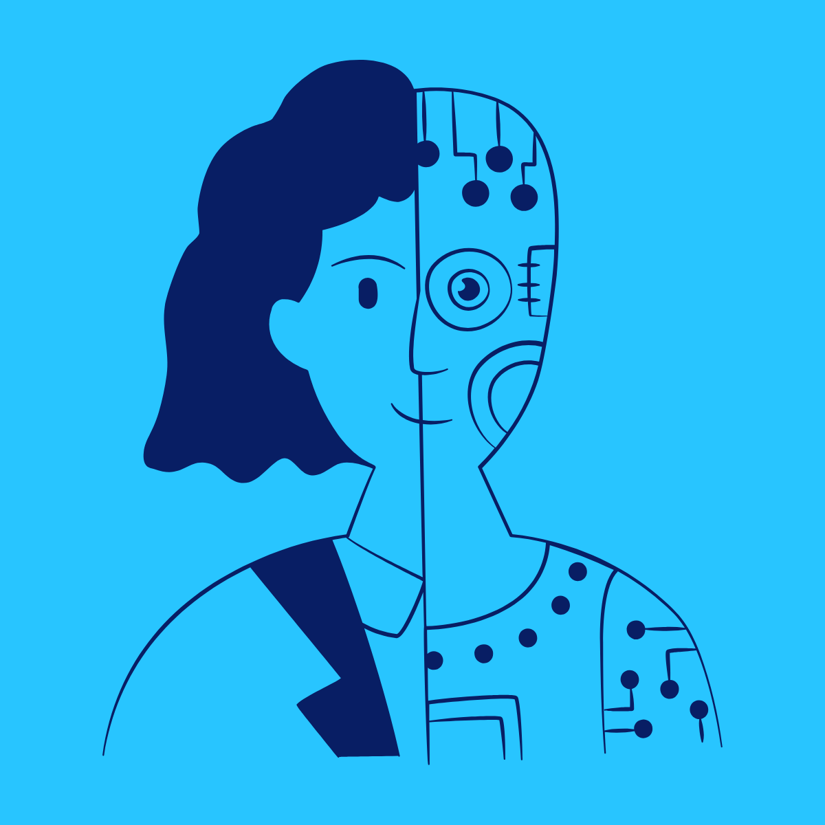 Illustration on a blue background of a person's face and torso, depicted as half human and half cyborg.