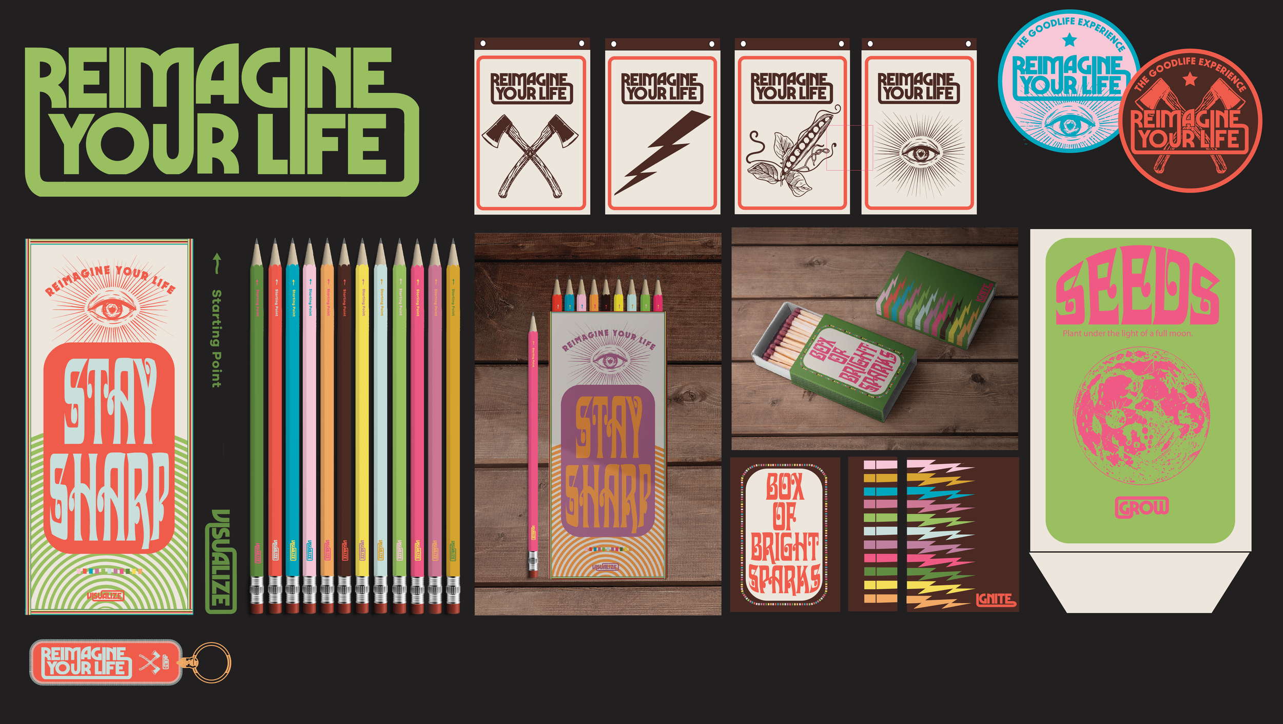 A project for the Goodlife experience, founded by Cerys Matthews. Selected as one of 50 creatives working for 50 days during COVID. Brand identity for a motivational festival.
