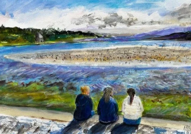 Artwork of 3 women sitting along a wall facing the sea