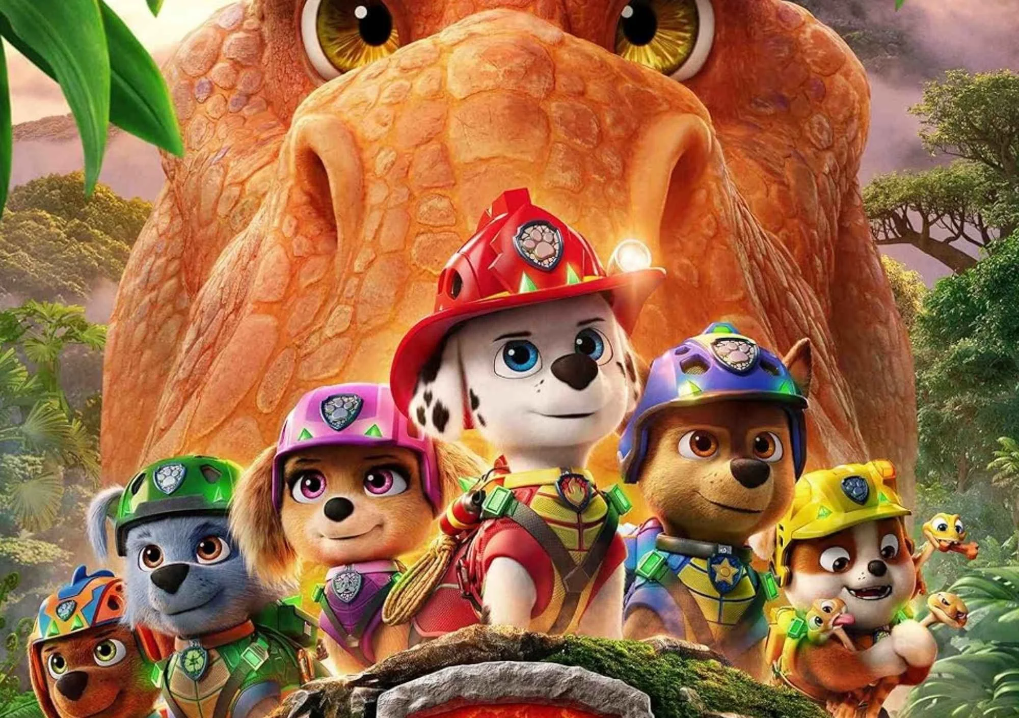the dogs of paw patrol stand in their gear with a dinosaur behind them