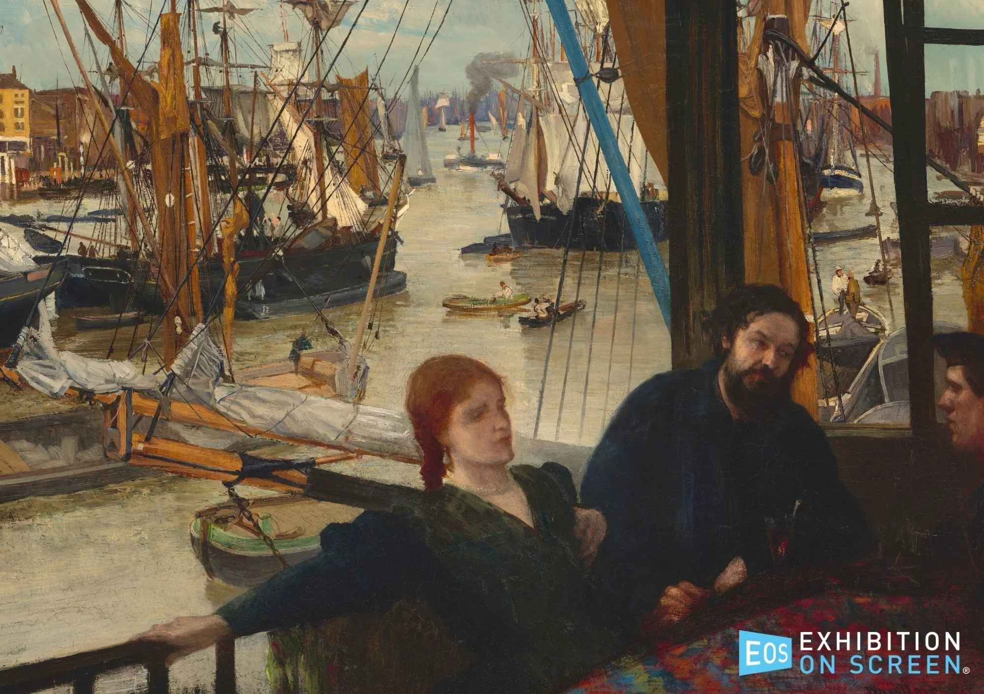 artwork by James McNeill Whistler showing boats on the sea and three people sitting down