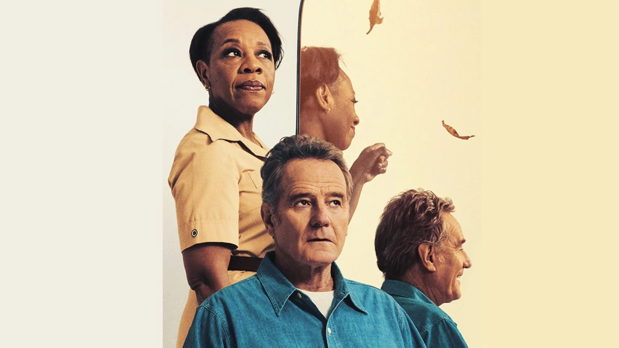 a man is sitting down and he has a woman behind him, there is a mirror to the left which has there reflections with a different facial expression