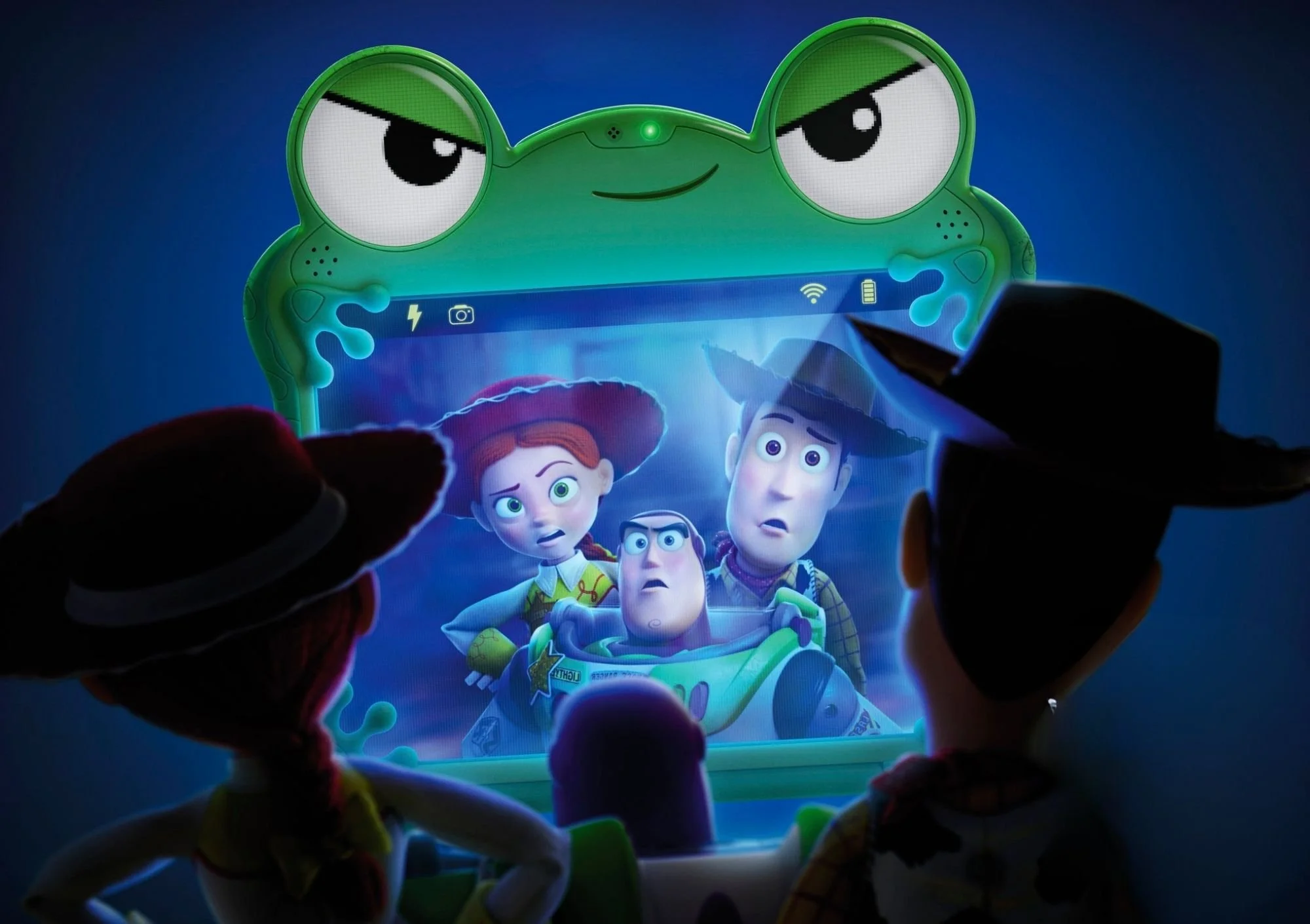 Buzz, Woody and Jessie are reflected in the leap pad screen, they look shocked and scared