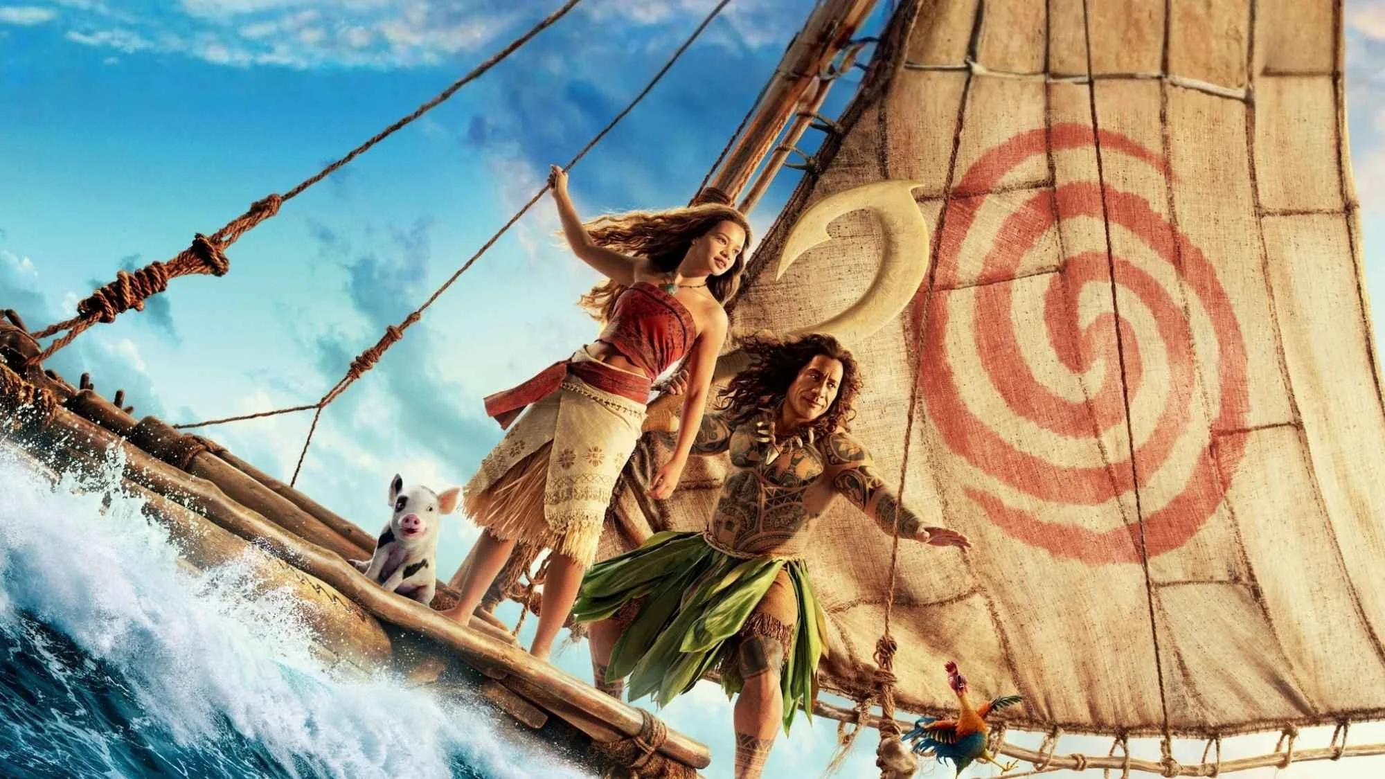 moana, maui and the pig and hen are on their boat on the ocean