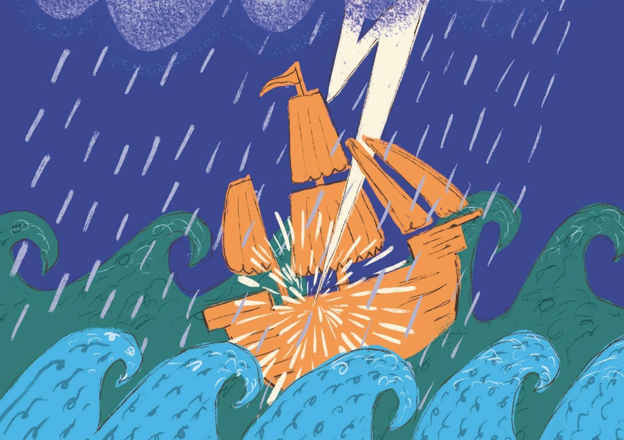 artwork of  a ship on the ocean getting struck by lightning