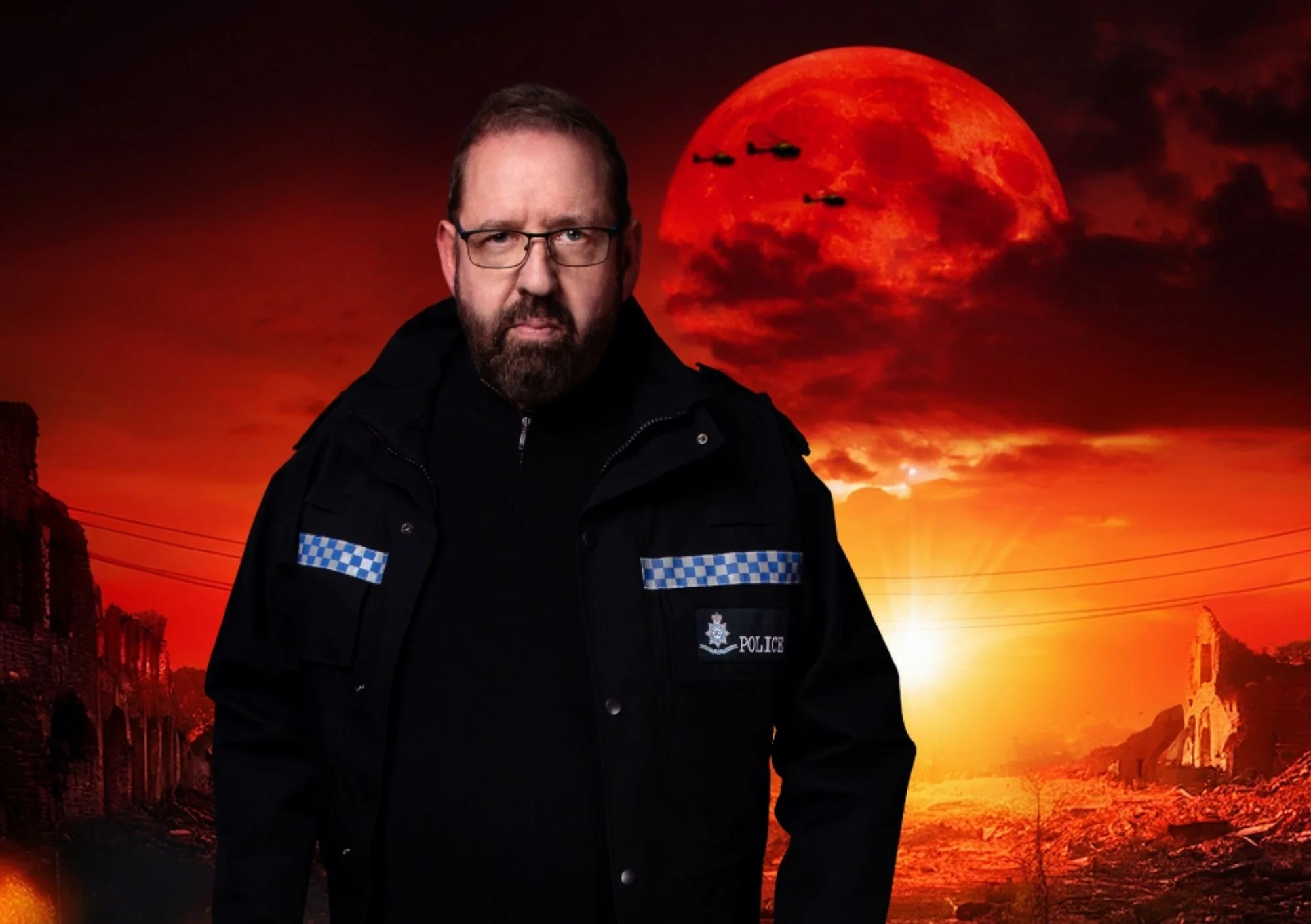 Alfie Moore dressed as a cop with an apocalypse background