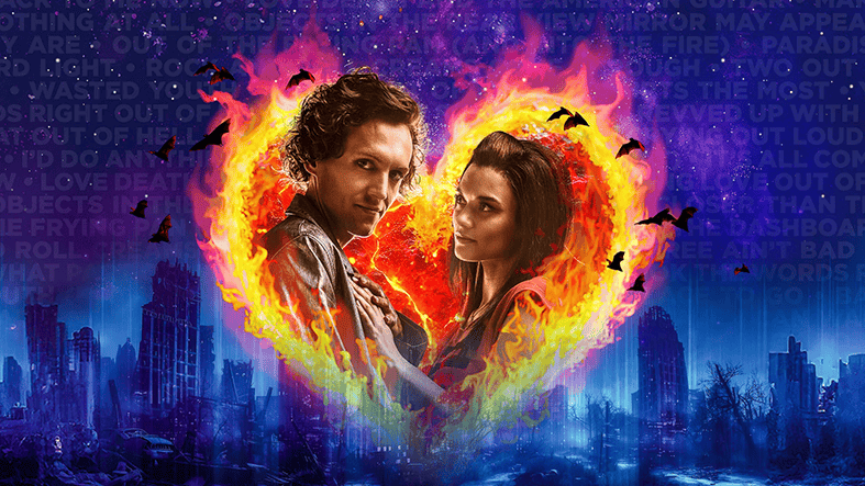 image shows man and woman in a heart of fire