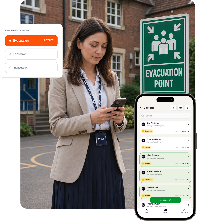 A women looking down at her phone to manage an evacuation