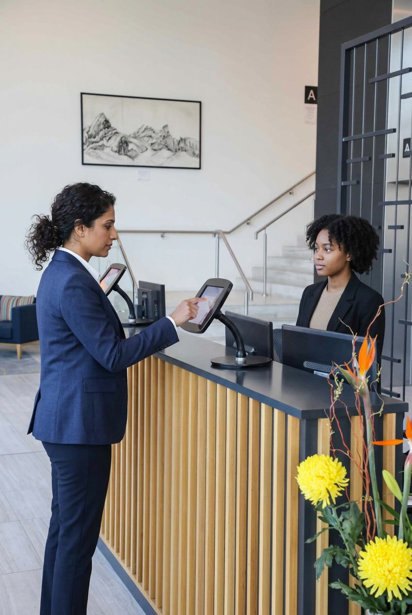 A women using an office check-in system at reception to check-in