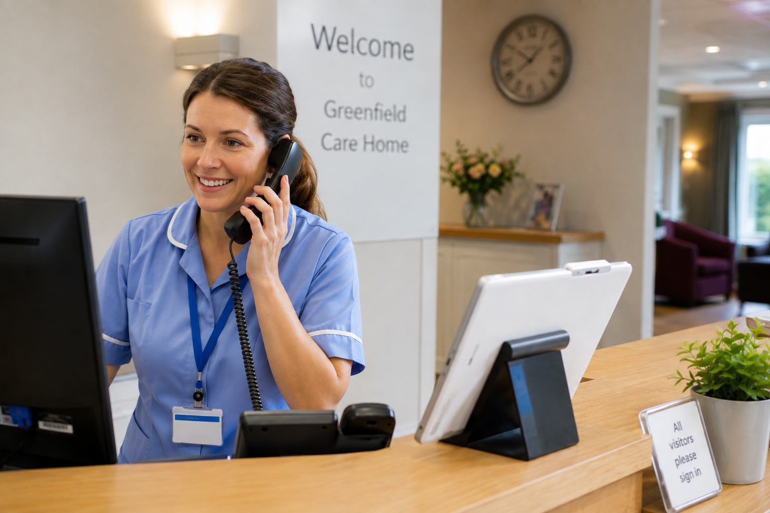 A healthcare professional on the phone at reception