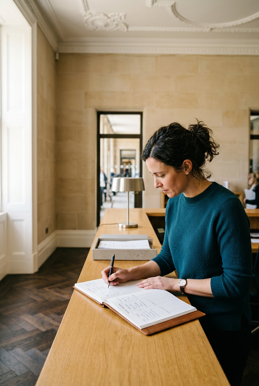 A women using a traditional paper book to manage visitor check-ins