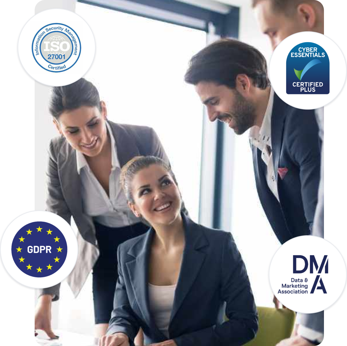 Business men and women all working in a corporate environment. Logos detailing Custr's data compliance accreditations float round the borders.