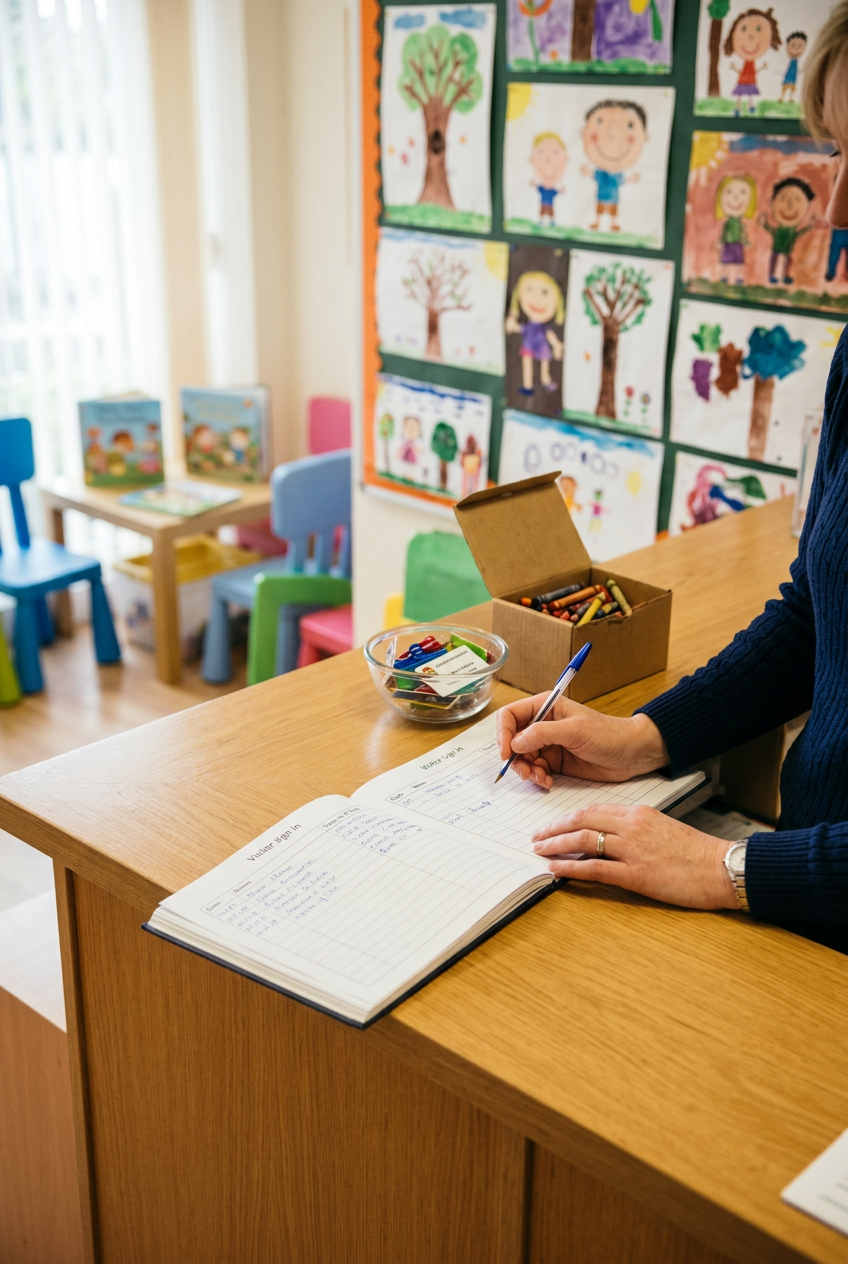 A female school receptionist using a traditional paper book to handle school visitors